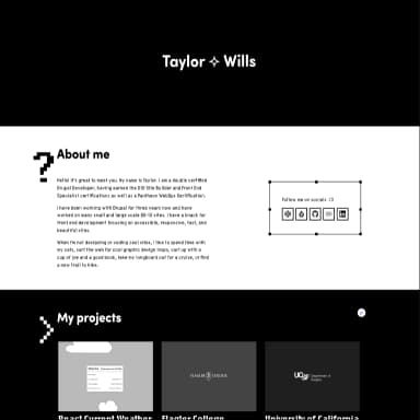 A screenshot of Taylor Wills 2024 portfolio, displaying the text "Taylor Wills", a short introduction section, and part of a Projects section.