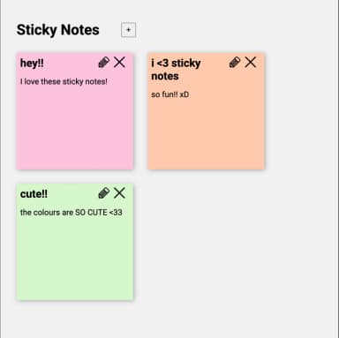 A screenshot of the Sticky Notes app, displaying "Sticky notes" as a page title and three sticky notes with text on them.